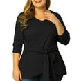 thumbnail image 5 of Agnes Orinda Women's Plus Size Tops Belted Knot Tie V Neck Long Sleeve Casual Knit Blouse 1X Black, 5 of 8