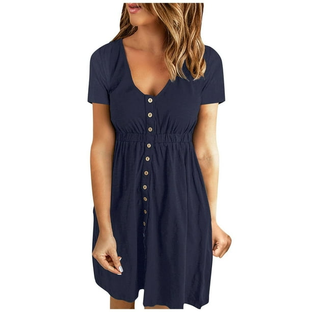 Vestido largo hasta la rodilla con botones y cuello redondo de manga corta, informal, cómodo, a la moda para mujer Pompotops ghjkhdj13005