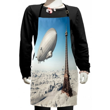 

Paris Kids Apron Zeppelin and Eiffel Tower over Clouds Sky Dreamy Famous Place on Earth Picture Boys Girls Apron Bib with Adjustable Ties for Cooking Baking Painting Blue and Grey by Ambesonne