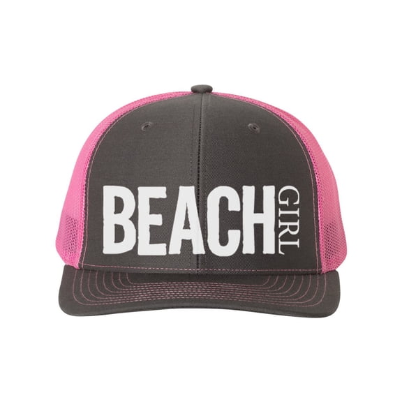 Beach Girl, Beach Hat, Snapback, Gift For Her, Women's Beach Hat, Ocean Lover, Mom Cap, Vacation Hat, Vacay, Trucker Hat, White Text, Charcoal/Neon Pink