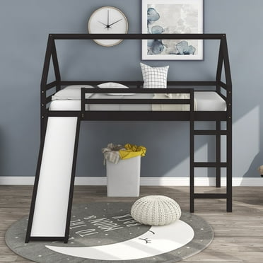 Twin Size Loft Bed with Slide,Roof and Ladder, Wooden House Bed Frame for Kids Teens Girls Boys, Playhouse Bed, No Box Spring Needed, Espresso