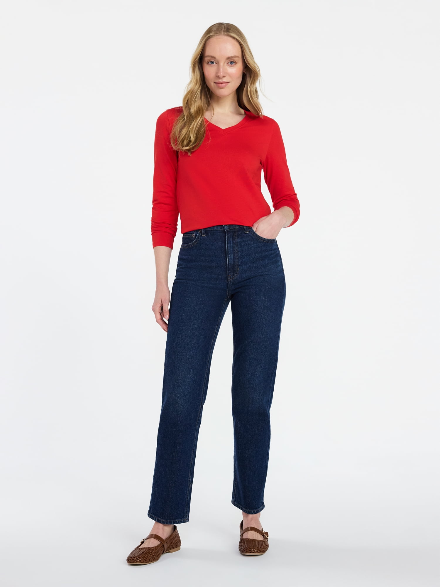 Time and Tru Women's High Rise Straight Leg Jeans, 30" Inseam, Sizes 0-22, 0S-22S