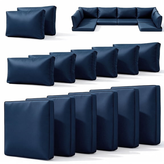 14-Piece Patio Furniture Replacement Cushion Set with Washable Covers, Waterproof Sectional Outdoor Sofa Cushions (6 Seat 6 Back 2 Armrest), 4" High-Density Foam with Anti-Slip Base, Blue