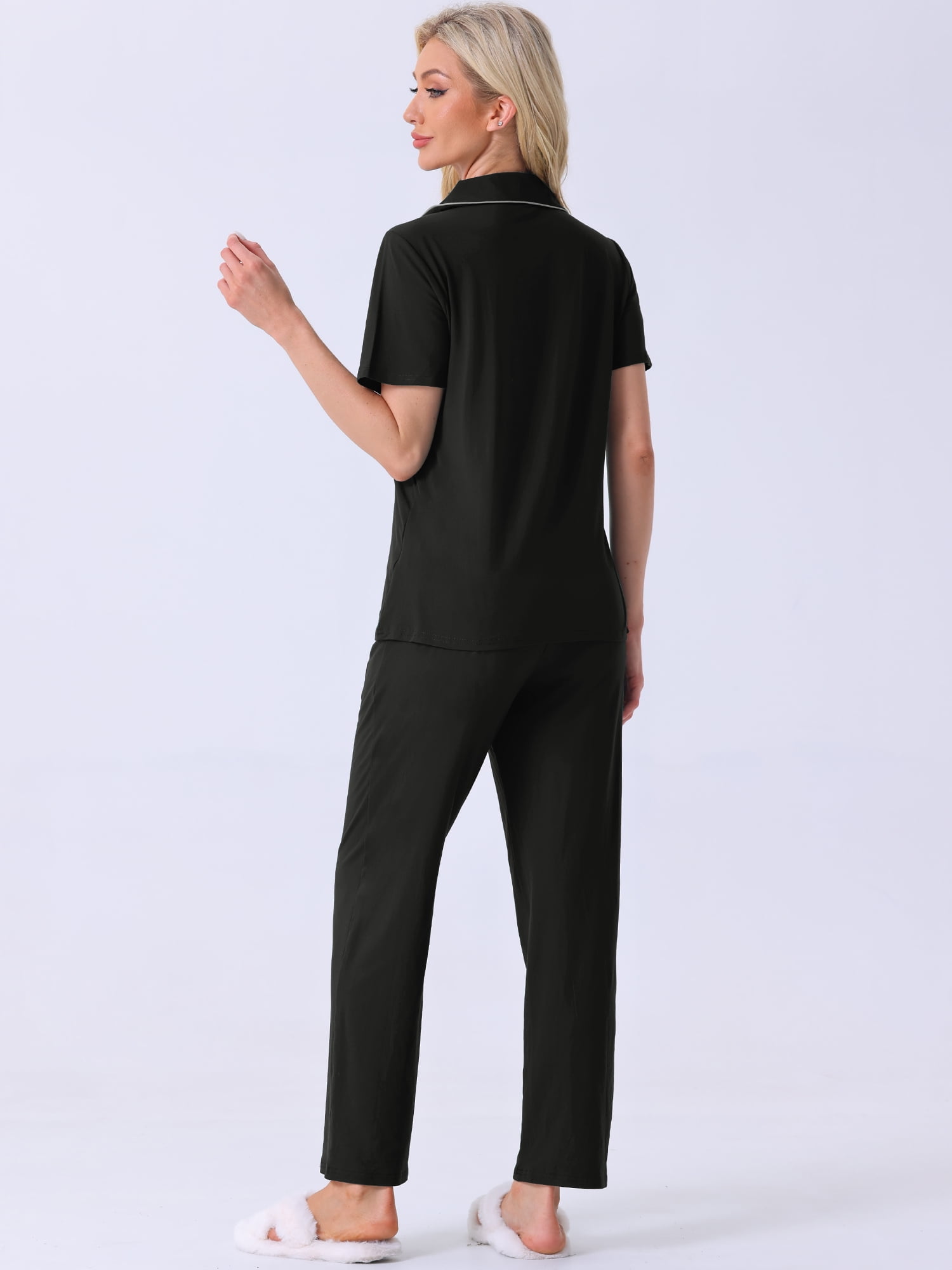 DARING DIVA Women's Pajama Set Button Down Soft Short Sleeve Long Pants XL Black