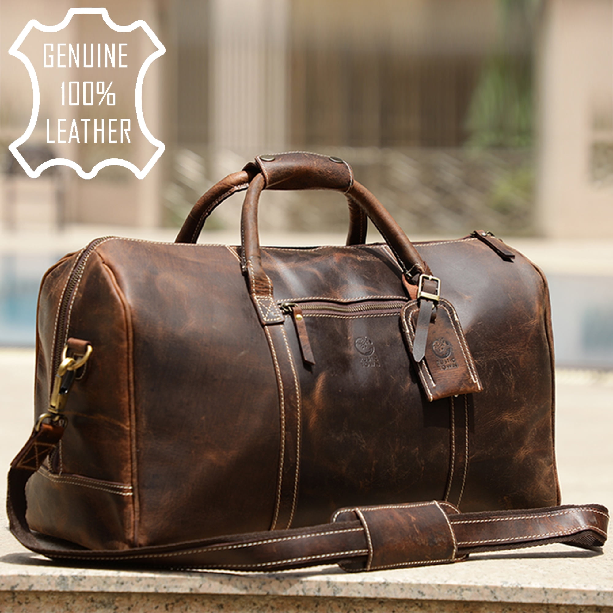 New Men's Brown  Leather Retro vintage Large two Pocket duffel travel gym bag 