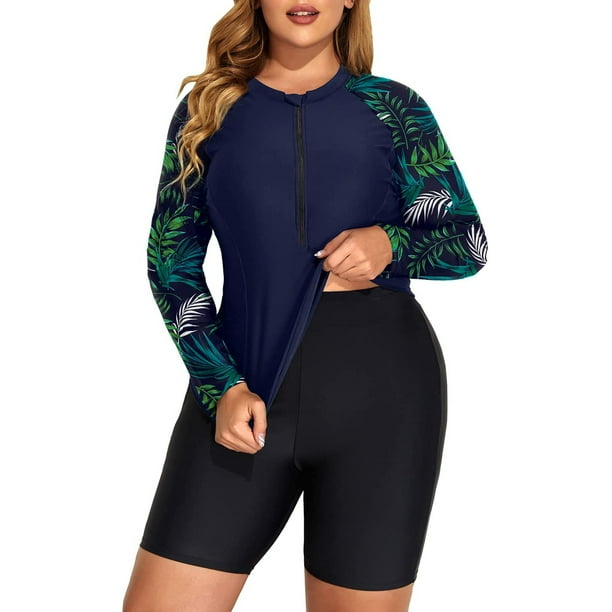 Womens Plus Size Long Sleeve Swim Rash Guard 2 Piece Swimsuits Half Zip