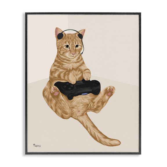 Stupell Industries Contemporary Gamer Tabby Cat Black Framed Giclee Art, 11 x 14, by Tara Royle