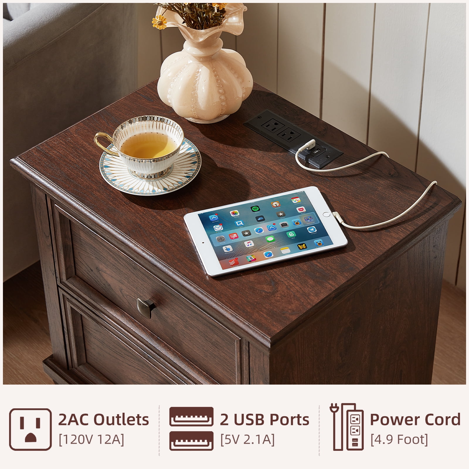 Buildhom Farmhouse Nightstand with Charging Station, 2-Drawer Rustic End Table with Solid Wood Legs for Bedroom, Walnut