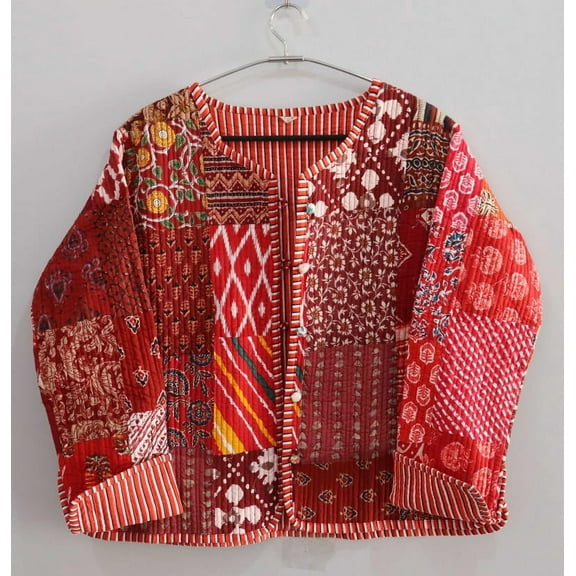 Patchwork Floral Print Cotton Handmade Kantha Jacket, Womens Clothing Quilted Reversible Coat Kimono Indian Hand Printed Vintage Boho Vest Christmas Gift CQJ-03_XXL