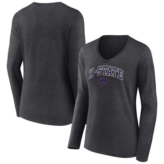 Women's Charcoal Kansas State Wildcats Campus Long Sleeve V-Neck T-Shirt