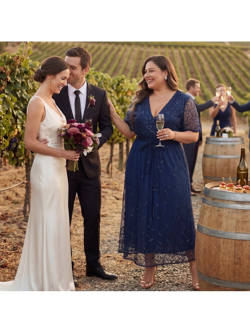 plus size navy blue dress for wedding guest Plus Size Deep V-Neck Chiffon Wedding Guest Dress