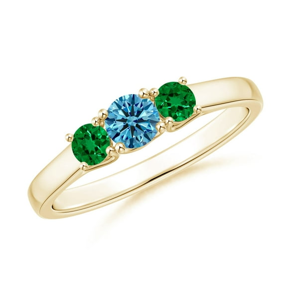 ANGARA Lab Grown Blue Diamond Three Stone Ring for Women in 14K Yellow Gold (Size-4mm| Clarity-VS) | April Birthstone, Anniversary, Jewelry Gift for Women | Lab-Grown Blue Diamond Ring
