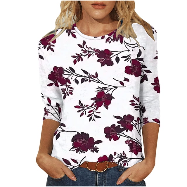 Staron Hauts Décontractés pour Femmes en Liquidation à Moins de 5$ T-Shirts Basiques Col Rond Manches 3/4 Blouses Imprimé Floral d'Été