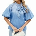 thumbnail image 2 of Camisa Vaquera de Cuello Alto con Botones y Lazo para Mujer, Mangas Abullonadas Elásticas, Corte Holgado, Top Corto de Mezclilla. Azul XL, 2 of 10