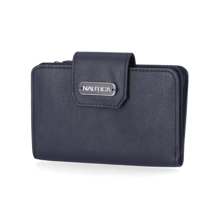 Nautica Womens, Close Reach Vegan Leather RFID Wallet, Small Credit Card Holder Purse with Zipper Coin Pocket and ID Window in Indigo
