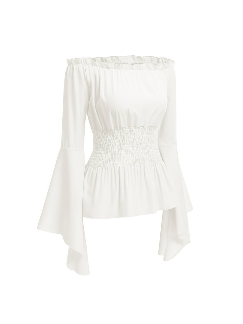 Iwemek Women Tops Renaissance Shirt Cosplay Pirate Costume Fall Solid White Flowy Top Strapless Elegant Long Sleeve Blouses Iwemek Women Tops Renaissance Shirt Cosplay Pirate Costume Fall Solid White Flowy Top Strapless Elegant Long Sleeve Blouses
