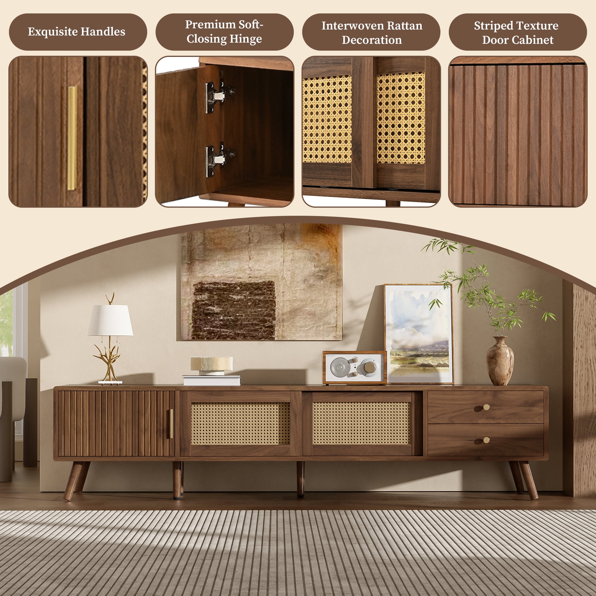 76" Modern Rattan Doors TV Stand for TVs up to 85 Inches, Wood-Grain Entertainment Center with Storage Cabinets, TV Media Console Table for Living Room, Bedroom