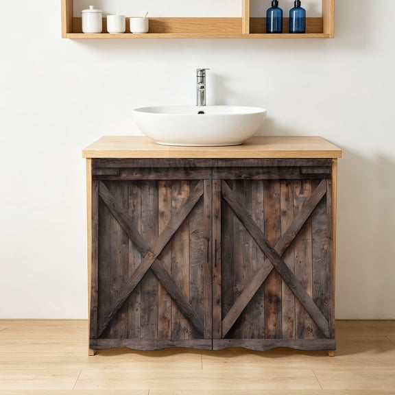 Farmhouse Cabinet Curtains 10" W x 11" L, Brown Country Style Barn Door Distressed Wood Grain Under-Desk Privacy Dust Proof Drape Dishwasher Curtain Sink Skirt for Kitchen Closet Bathroom Laundry