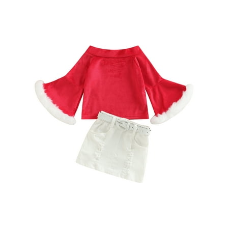 

JYYYBF 1-6Years 3pcs Christmas Toddler Girl Skirts Suit Off Shoulder Long Flare Sleeve Fur Velvet Tops+A-line Skirt+Waistband Red 4-5 Years