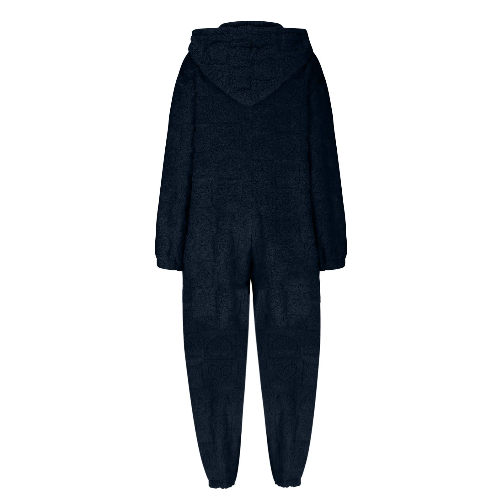 BiZtdJrK Women's Furry Sherpa Onesie Pajamas Fashion Heart Jacquard Jumpsuits Cute Ear Hood Romper Lounge Sleepwear, Navy, L