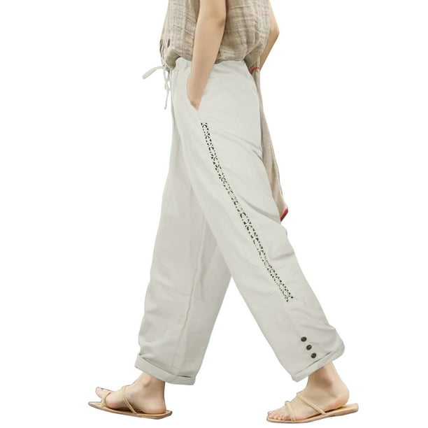 Pantalones palazzo con cintura elástica para mujer: detalle de encaje, cordón, pierna ancha con bolsillos, pantalones informales para todas las estaciones