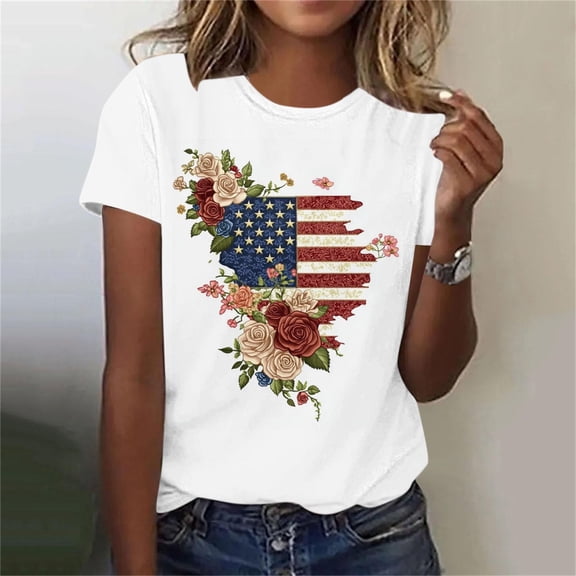 Goodtrade8 Women's American Shirts 4th of July Graphic Pullover Short Sleeve Summer Crew Neck Red White and Blue , Casual Red White and Blue Tops for Junior Independence Day