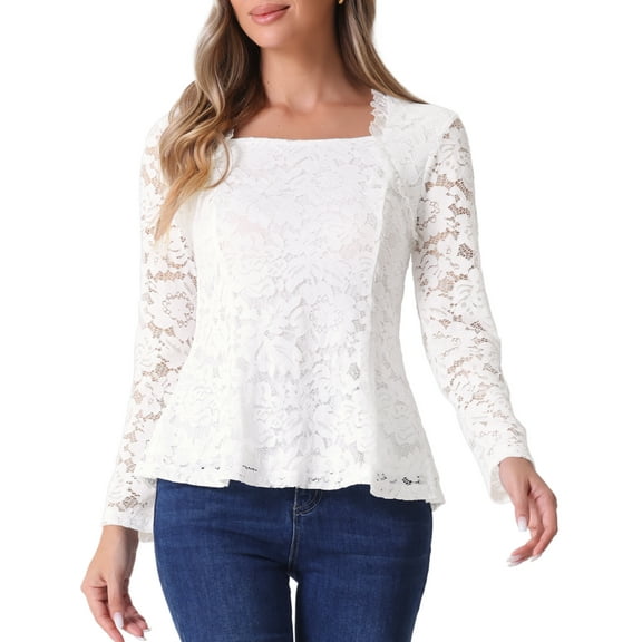 DARING DIVA Women's Lace Square Neck Long Sleeve Stretch Peplum Blouses XS White