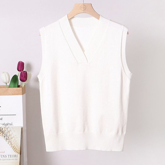 VgaVtl Chandails pour Femmes à Enfiler Col en V Sans Manches Gilets pour Femmes Tricotés Réguliers Simples Chandails Blancs