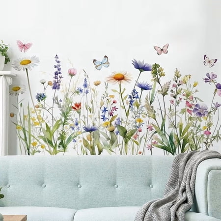 Wildflower Grass Daisy Wall Decals, Garden Floral Birds Flower Wall Stickers, Self-Adhesive Vinyl Wall Art Stickers for Girls Bedroom Living Room Nursery Decor