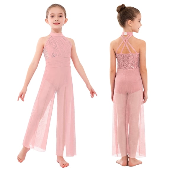 Alvivi Kids Girls Ballet Lyrical Dance Bodysuit Sleeveless Leotard Wide-Leg Jumpsuit Performance Dancewear Pink 8