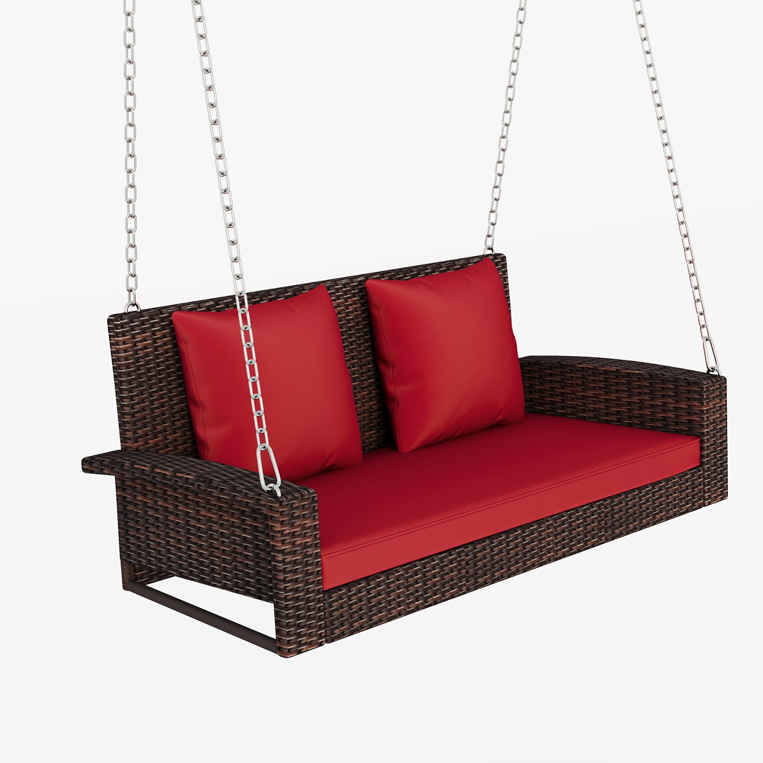 Kadyn 2-Person Wicker Hanging Porch Swing, Rattan Swing Bench with Chains, Cushion and Pillow, Outdoor Swing Chair for Garden, Backyard, Brown-Red Kadyn 2-Person Wicker Hanging Porch Swing, Rattan Swing Bench with Chains, Cushion and Pillow, Outdoor Swing Chair for Garden, Backyard, Brown-Red