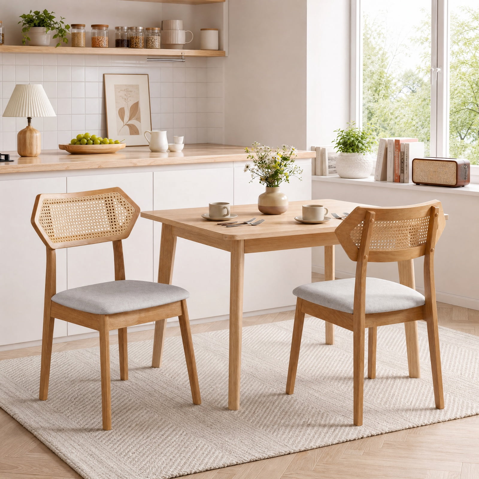 Furnibear Mid Century Rattan Dining Chairs Set of 2 with Woven Back and Solid Wood Frame for Kitchen and Dining Room Seating, Natural