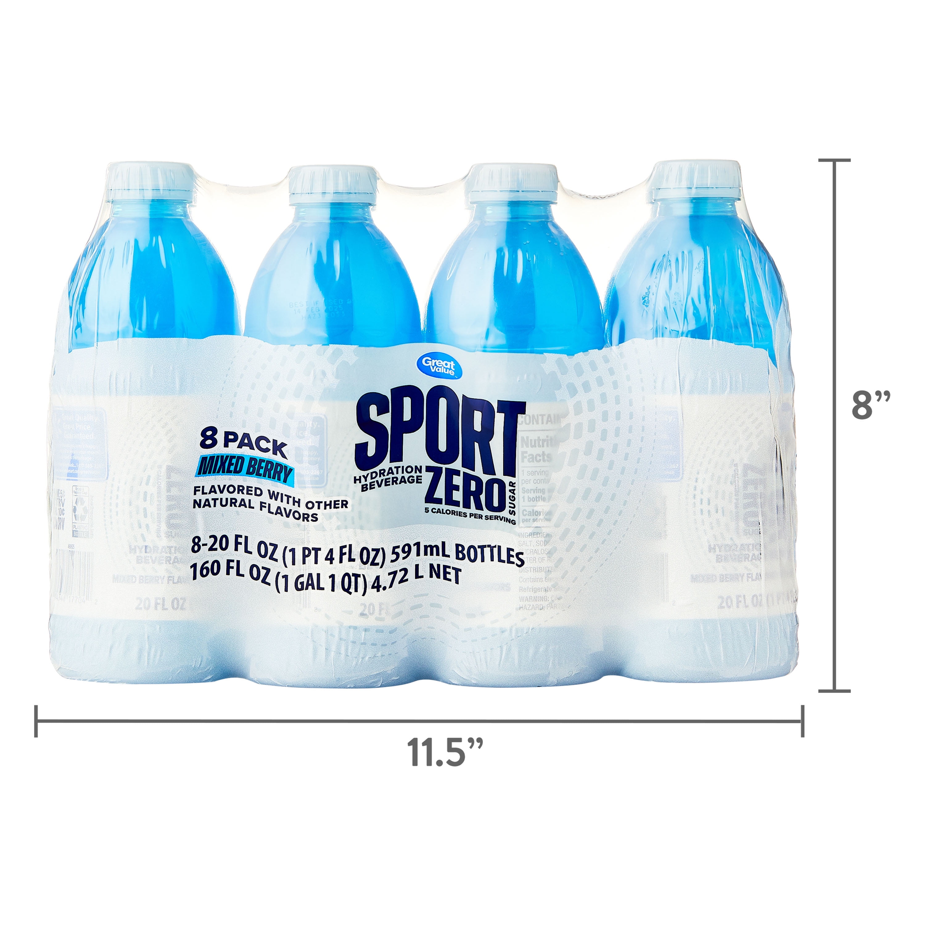 Great Value Zero Sports Hydration Drink, Mixed Berry, 20 fl oz, 8 Bottles