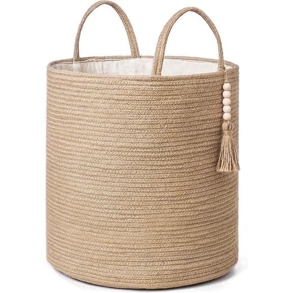 TAVENE 15"Wx17.7"L Tall Wicker Laundry Basket with Handles - Natural Rope Woven Storage Basket Wooden Bead Decoration, Living Room Decorative Organizer Bin for Blankets, Toys, Clothes, Shoes, Plant