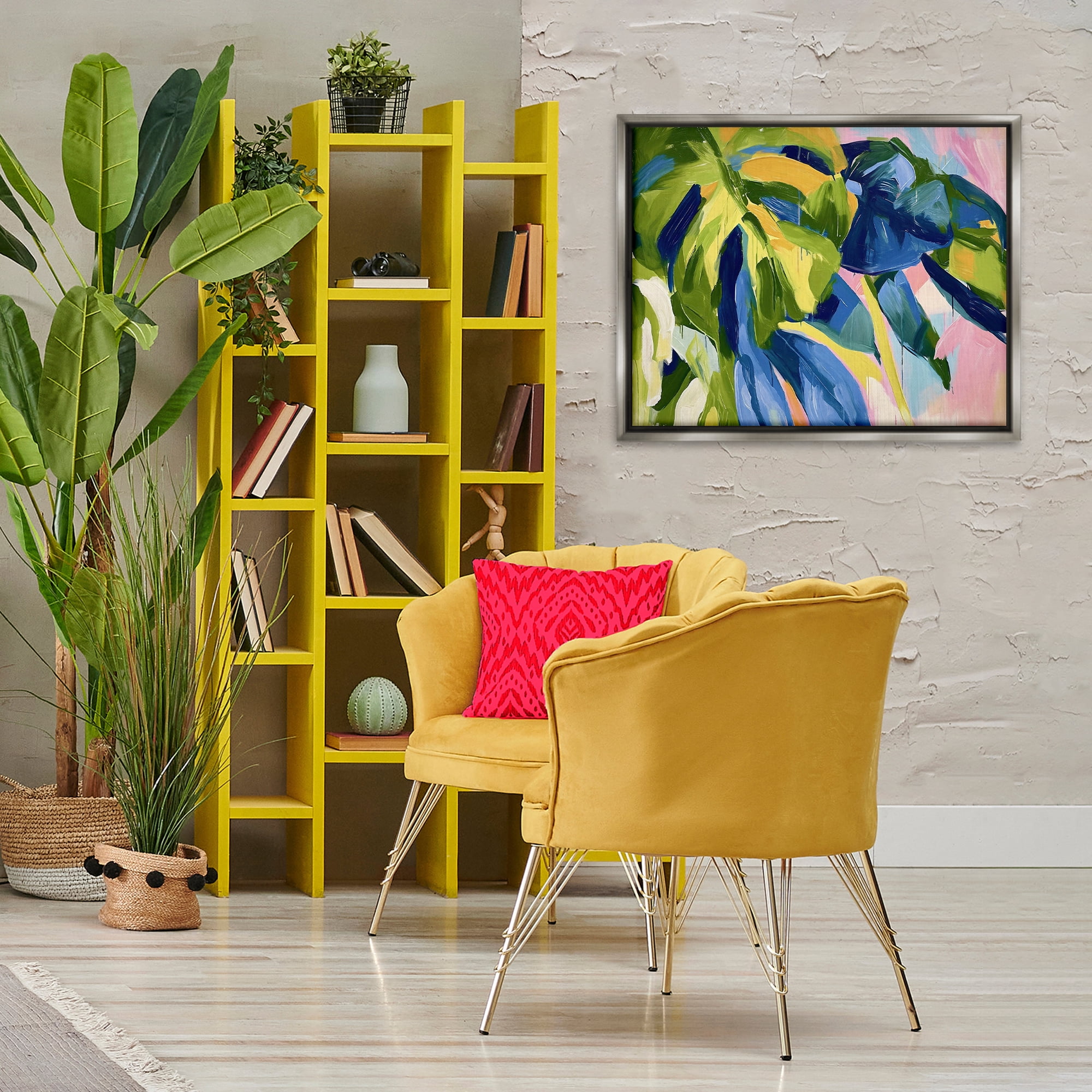 Stupell Industries Tropical Leaves Layered Botanical & Floral Painting Gray Floater Framed Canvas Art Print Wall Art, 31 x 25