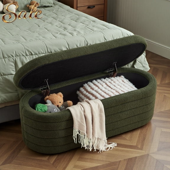 GZXS Lift Top Storage Bench, Modern Teddy Fabric Upholstered Oval Bench, for Entryway/Living Room/Bedroom, 43"L x 17.5"W x 17.5"H, Dark Green
