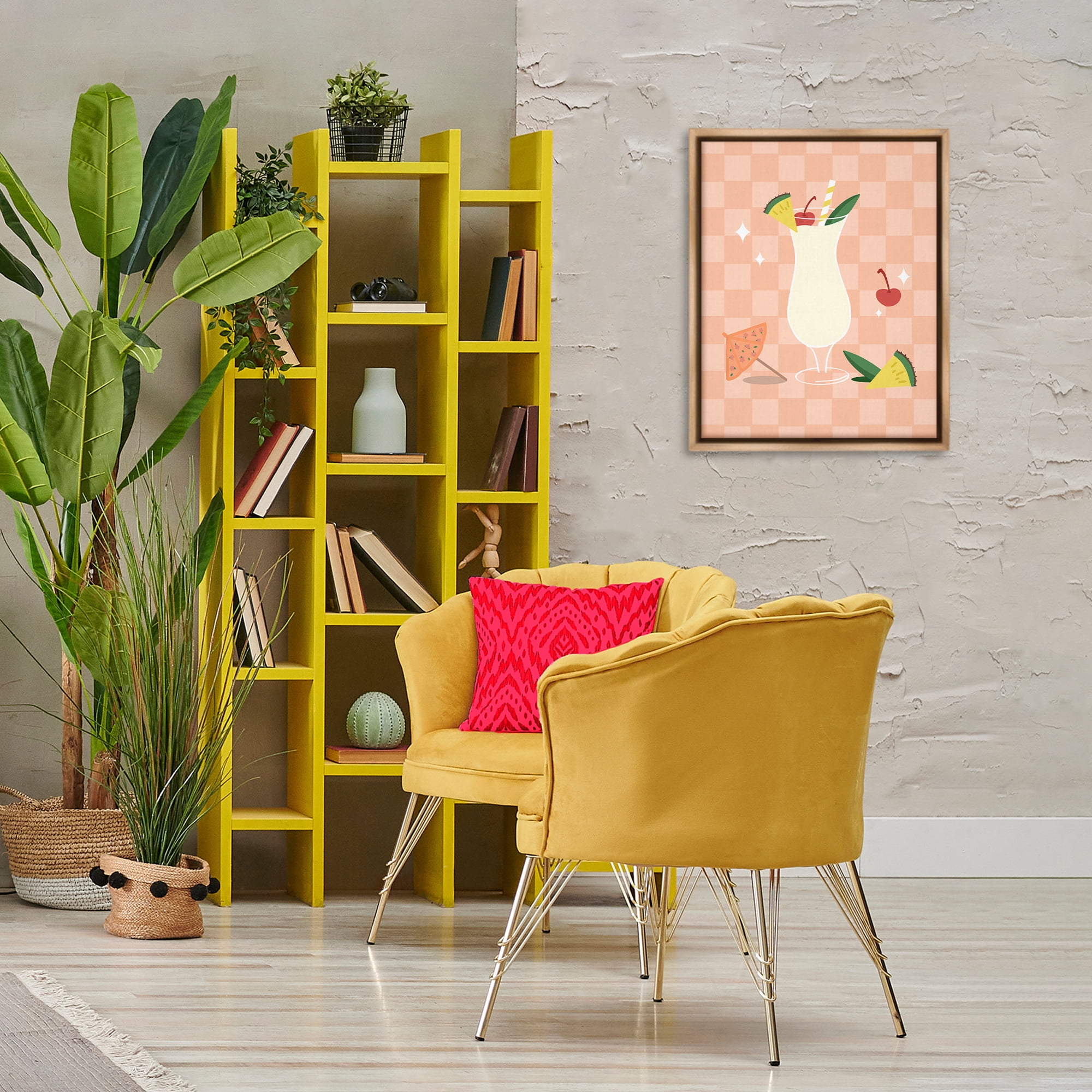 Stupell Industries Pina Colada on Checkered Food & Beverage Painting Brown Floater Framed Canvas Art Print Wall Art, 17 x 21