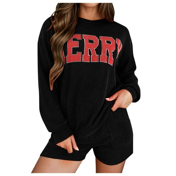 Weebloom Cute Christmas Pajamas For Women Autumn Corduroy Long Sleeve Versatile Letter Xmas Print Home Casual Pocket Shorts Set Homewear Pajama Black L