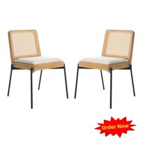 Tcbosik 2 Pack Upholstered Dining Chairs, Linen Fabric Kitchen Chair, Side Chair with Rattan Back and Metal Legs, Easy Assembly, Beige