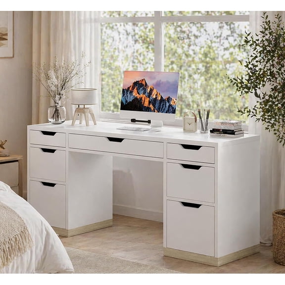Catrimown White Computer Desk with Storage Drawers, Small Writing Office Desk for Bedroom & Small Spaces