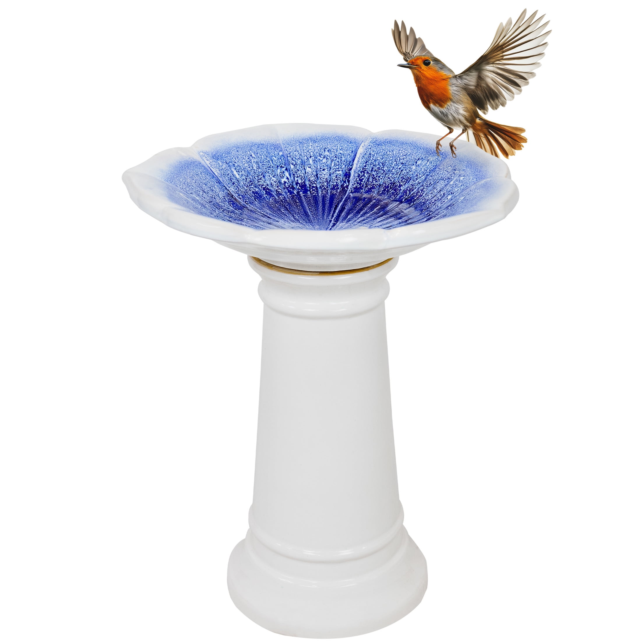 Sunnydaze Misty Blossom Freestanding Ceramic Outdoor Bird Bath, UV-Resistant White and Blue Finish