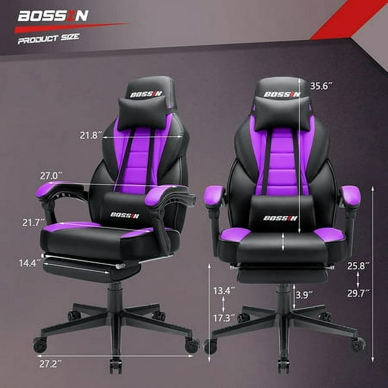 BOSSIN Gaming Chairs with Footrest,2022 Leather Game Chair for Adults,Big and Tall Gamer Chair with Headrest and Lumbar Support, Purple