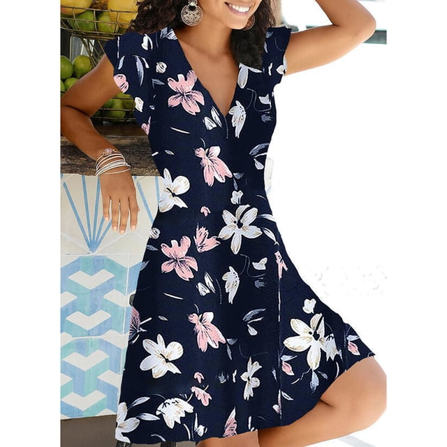 Tralilbee Nouvelle Robe de Soirée Bohème Rétro Sans Manches Grande Taille à Col en V, Mini-Robe Débardeur à Fleurs, Coupe Ample Évasée