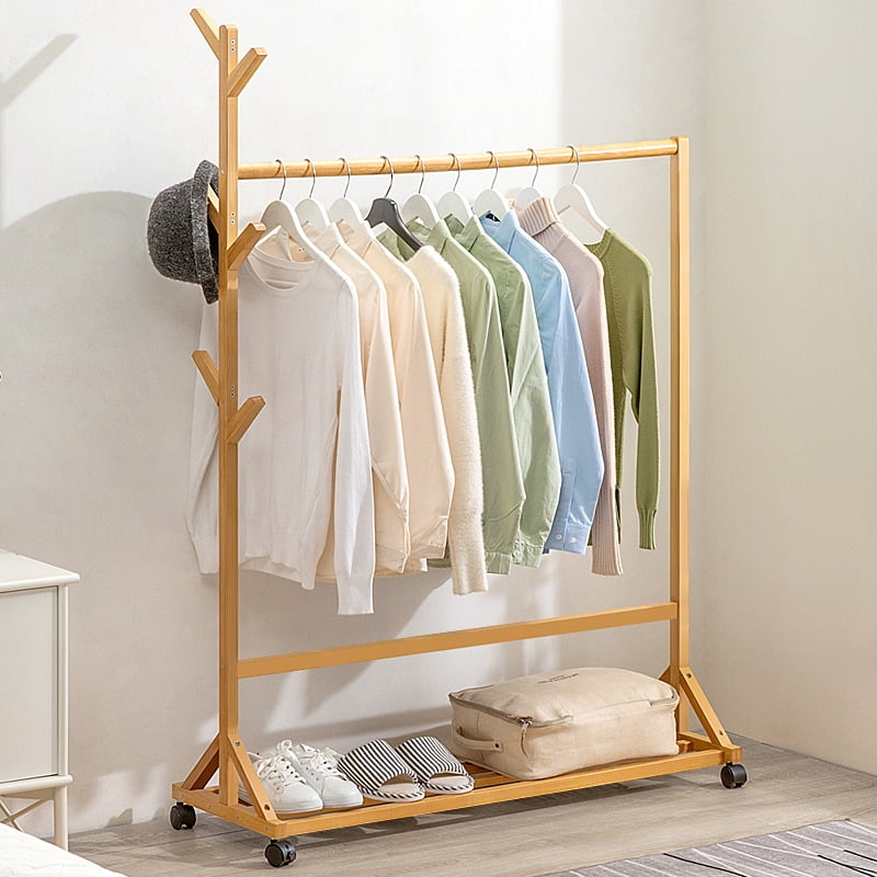 Wooden Heavy Duty Clothing Rack Rolling Garment Display Stand With Wheel Clothes Hanger European Style Bamboo Hanging Tree For Indoor Home Living Garden Com Wooden Heavy Duty Clothing Rack, Bamboo Coat Rack With Shelf Life