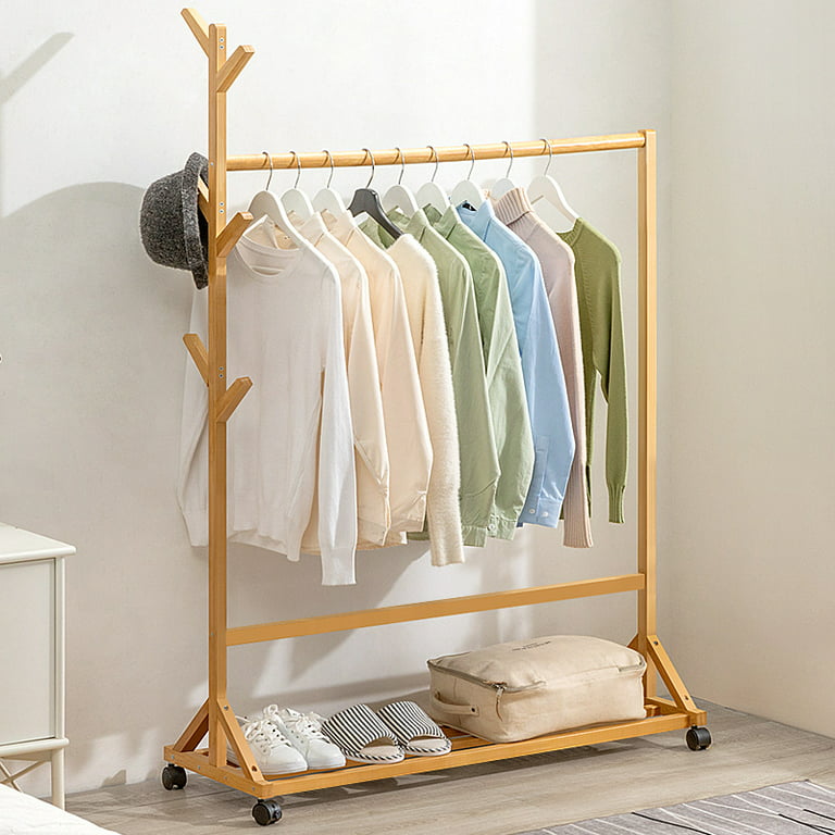 Bamboo Wooden Clothes Rail Garment Hanging Shelf Trigonal Base