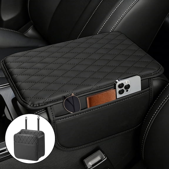 cyrico Car Center Console Cover, Leather Armrest Cover Cushion for Car with 2 Storage Bags, Universal Auto Arm Rest Protector, Car Interior Accessories for Most Vehicles (Black)