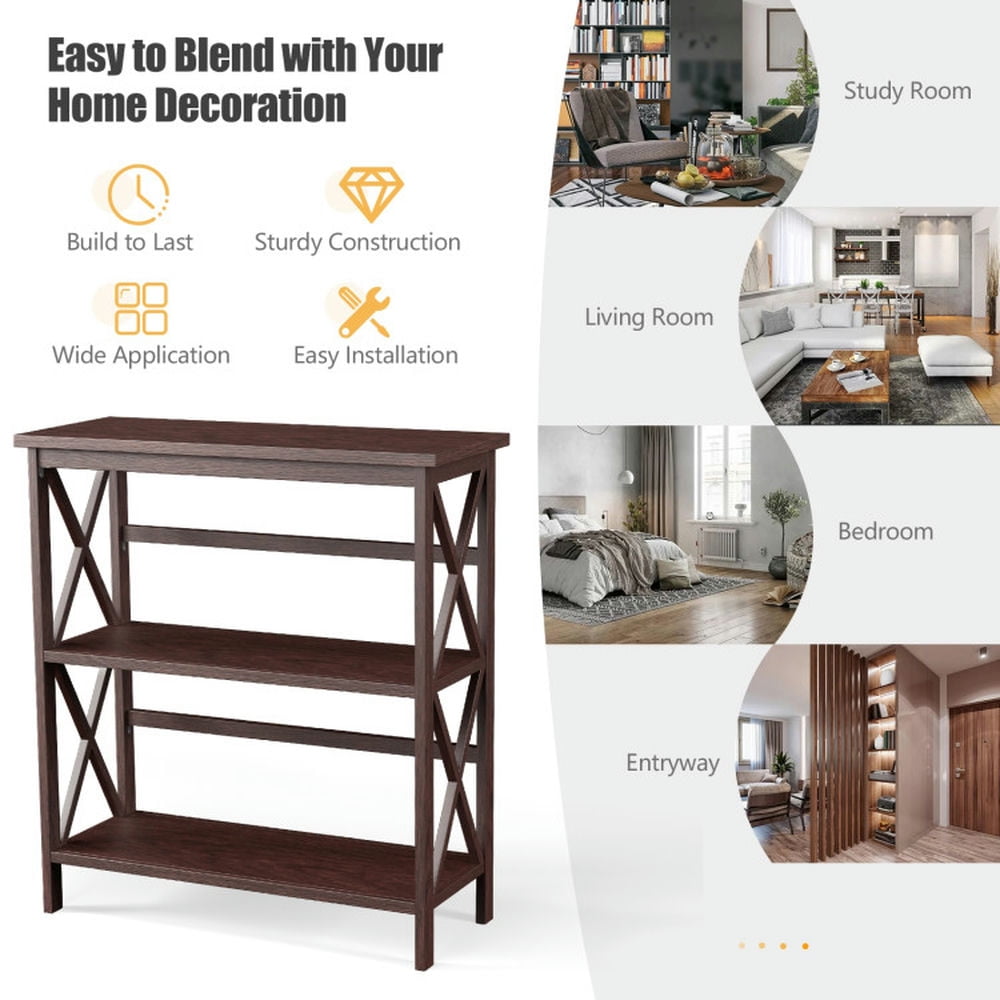 Demi Bonn 3-Tier Wooden Bookshelf, Multi-Functional X-Design Etagere Storage Bookcase, Dark Brown