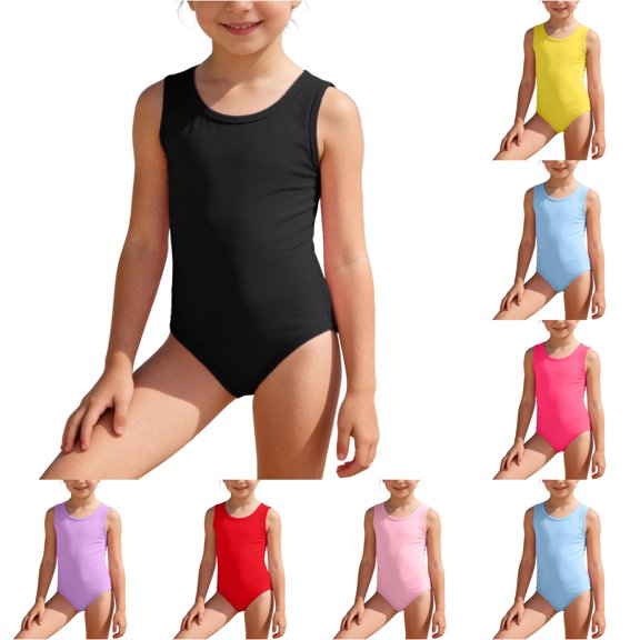Likimi Child Kids Girls One Piece Swimsuit Sleeveless Solid Color Crew Neck Summer Casual Fashionable Swimwear For Swim Beach Black Size 3-4 Years