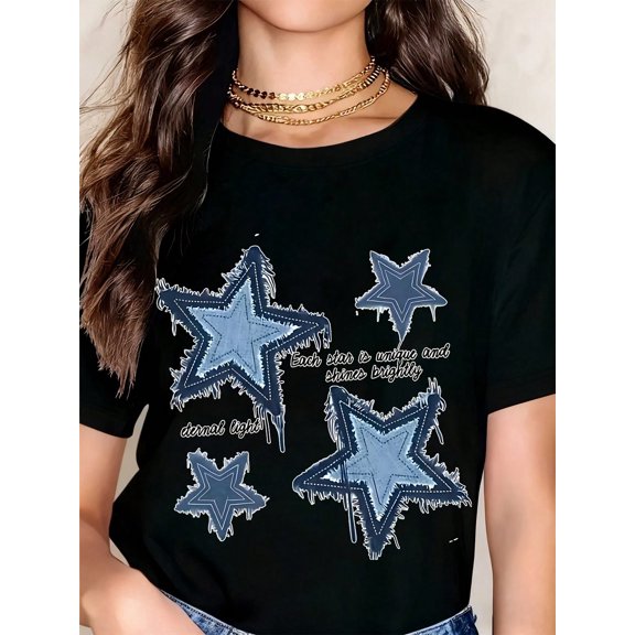 Women T Shirt Star Print Graphic Tee Unique Brightness Design Casual Fashion Top