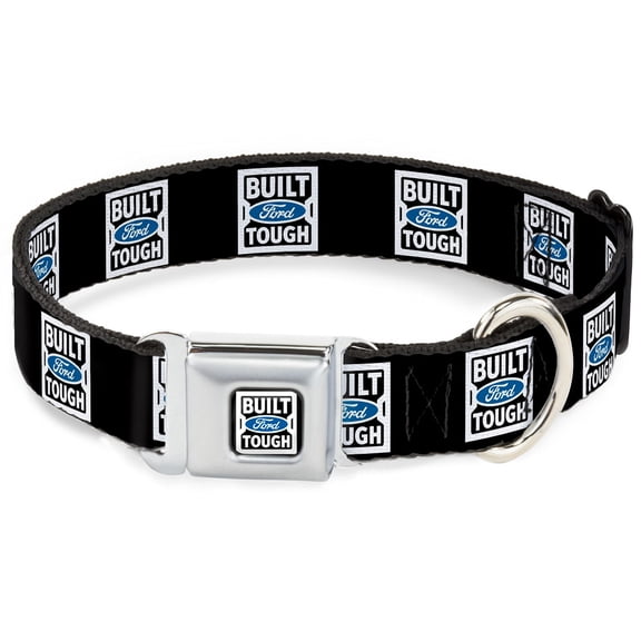 Ford Pet Collar, Dog Collar Metal Seatbelt Buckle, Built Ford Tough Logo Black White Blue Repeat, 9.5 to 13 Inches 1.0 Inch Wide